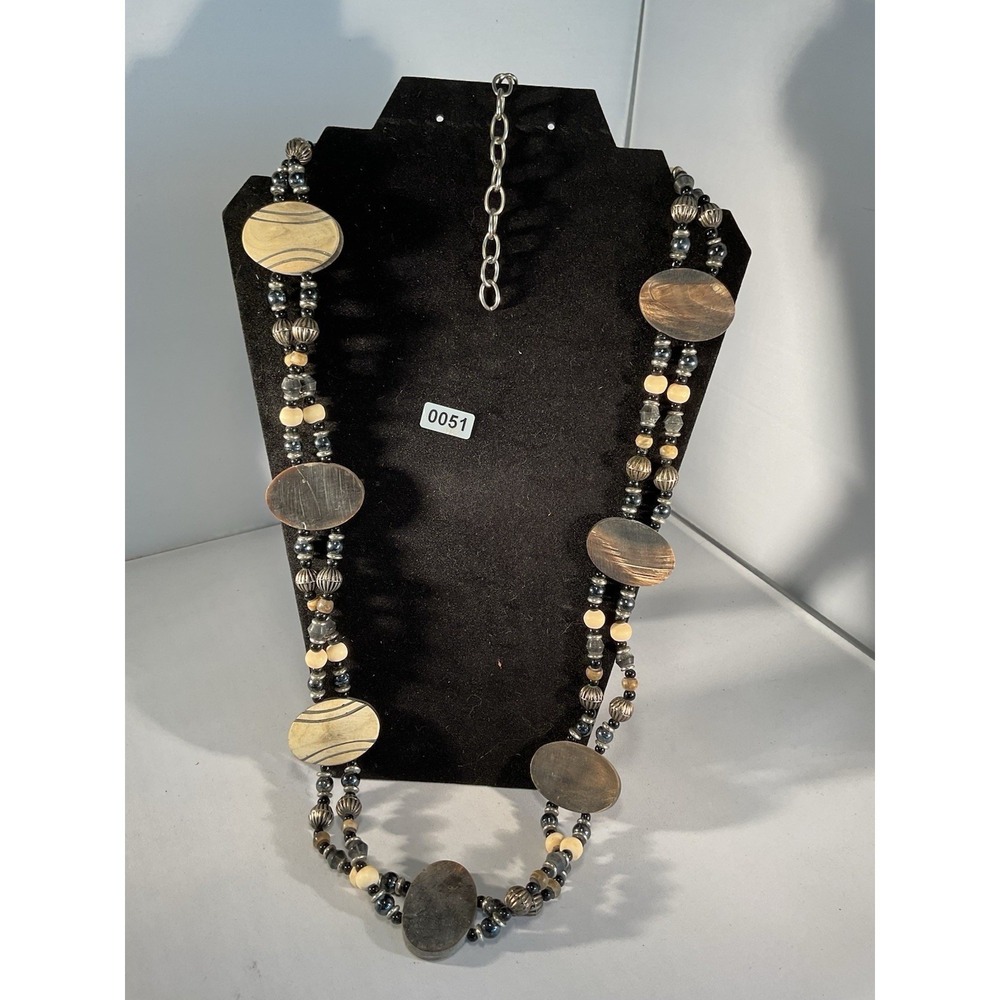 Multi Strand Beaded Necklace Gray Oval Disks Metallic And Neutral Cream Beads